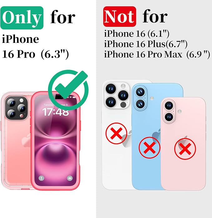 Cozycase for iPhone 16 Pro Case Waterproof - 360 Heavy Duty with Screen/Camera Protector Shockproof IP68 Underwater Dustproof Water Dust Shock Proof Full Body/Front and Back Case Pink/Frosted Clear