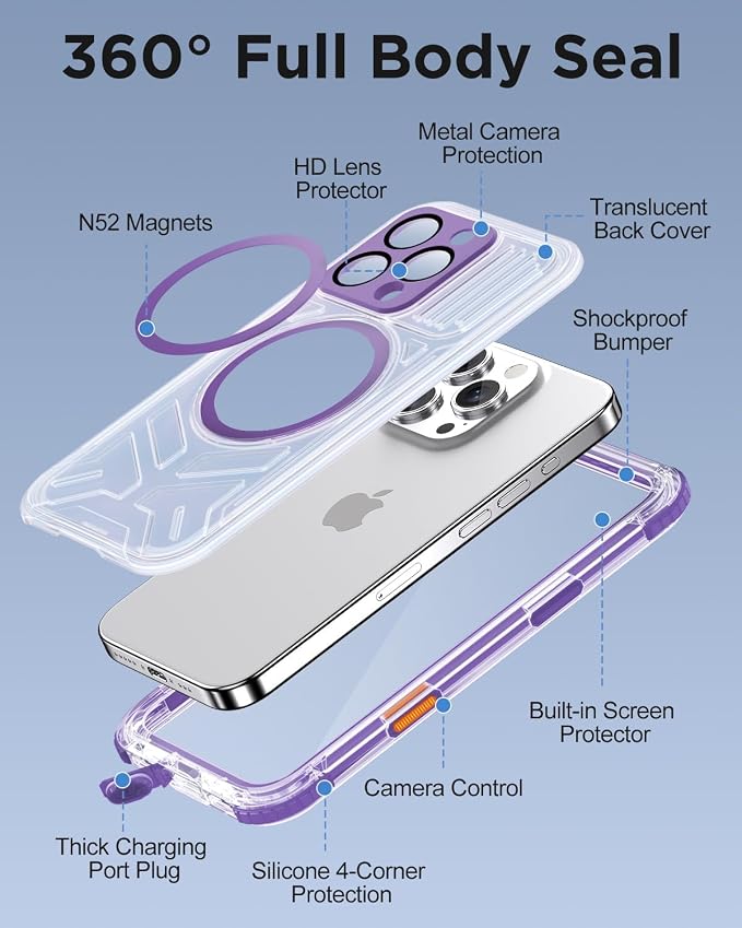 for iPhone 16 Pro Waterproof Case with Magsafe, Built-in [Camera & Screen Protector] [Lanyard], IP68 Water Proof Full Body Dustproof Heavy Duty Frosted Protective Phone Cover, 6.3" Purple