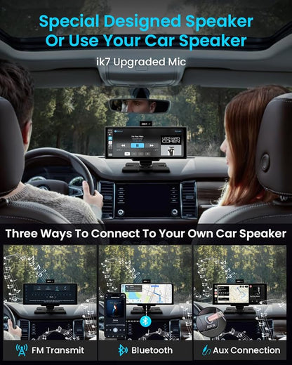 Portable Apple Carplay Screen, 10’’ Car Stereo Wireless Car Play & Android Auto Touch Screen, 4K Dash Cam, 1080P Backup Camera, Mirror Link/Voice Control/Music Play/GPS Navigation