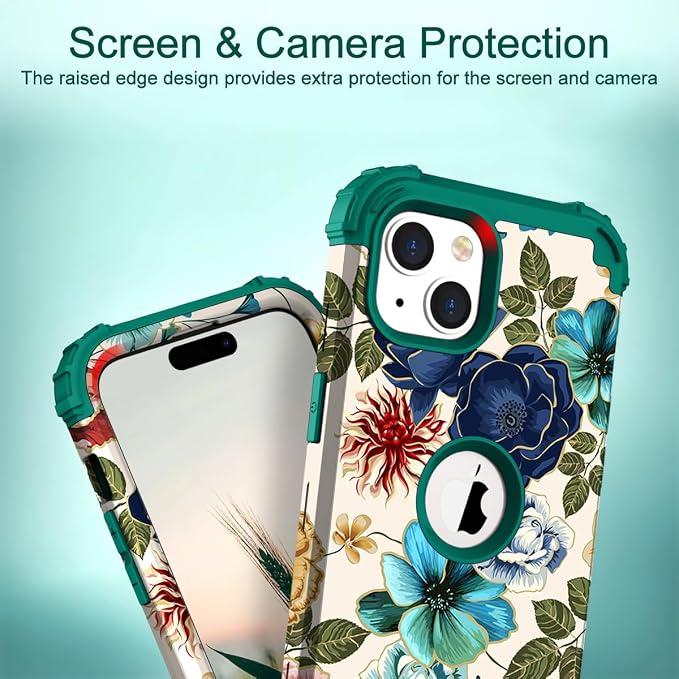 Hocase for iPhone 15 Plus Case, Heavy Duty Shockproof Protection Soft Silicone Rubber Bumper+Hard Plastic Hybrid Protective Case for iPhone 15 Plus 6.7" 2023 - Teal Flowers