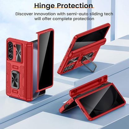 VEGO for Z Fold 5 Phone Case with Stand, Built-in Privacy Screen Protector | Slide Camera Cover Full Body Hinge Drop Protection Hard PC Shockproof Phone Case for Samsung Galaxy Z Fold 5 5G 2023 - Red