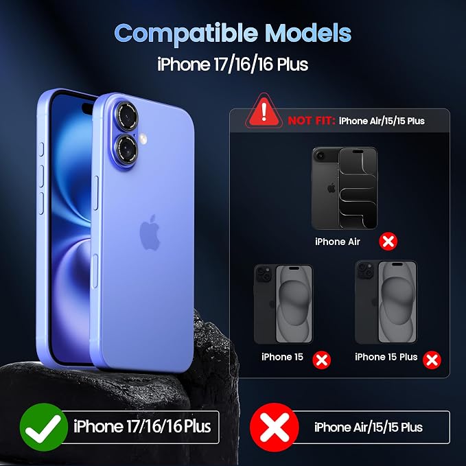 CACOE Camera Lens Protector for iPhone 16/16 Plus/17 - Metal Frame Tempered Glass Cover, [Anti-Scratch] [Drop-Proof][Strong-Adhesion] Camera Screen Cover(Cyan)