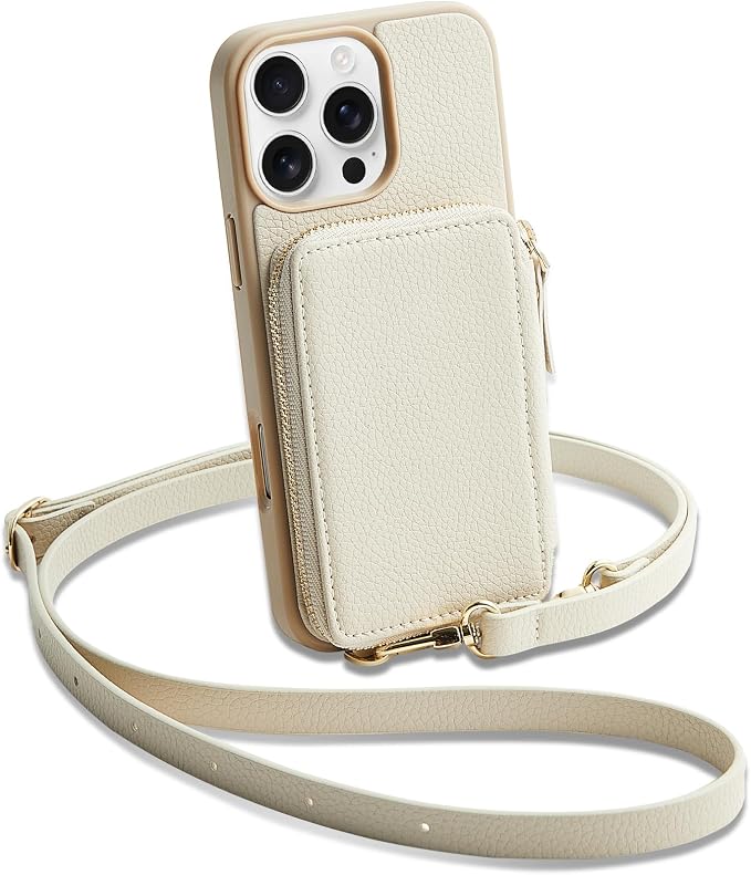 ZVE Wallet Case for iPhone 16 Pro Max, RFID Blocking Protective Leather Zipper Wallet Case with Card Holder Wrist Strap for Women for iPhone 16 Pro Max 6.9" Beige