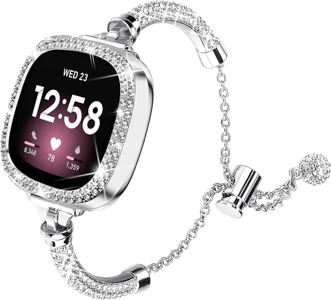 Bling Band And Case Compatible with Fitbit Versa 4/ Fitbit Sense 2 for Women, Metal Stainless Steel Wristband Replacement for Fibit Sense 2/Versa 4 (Silver)