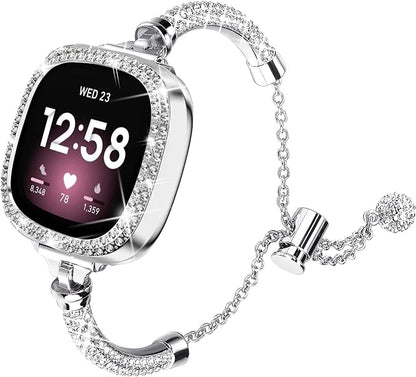 Bling Band And Case Compatible with Fitbit Versa 4/ Fitbit Sense 2 for Women, Metal Stainless Steel Wristband Replacement for Fibit Sense 2/Versa 4 (Silver)