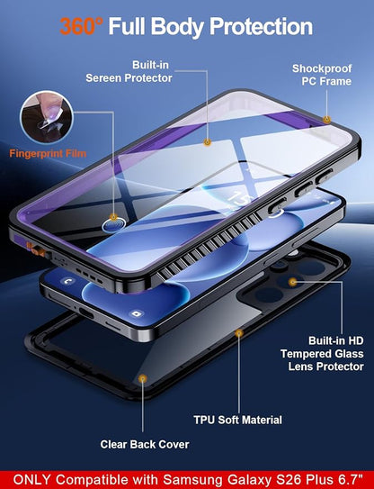 MOZOTER Designed for Samsung Galaxy S26 Plus Case Waterproof, Military Shockproof Full Body Cover with Built-in Screen & Lens Protector, IP68 Underwater Protection for S26 Plus 6.7" Purple
