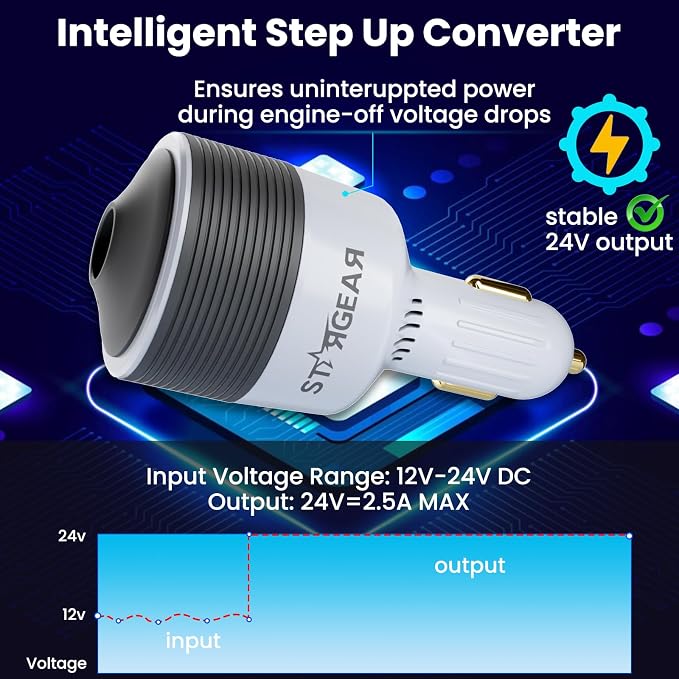 Starlink Mini Car Adapter 12V to 24V DC Step Up Converter with 60W Car Cigarette Lighter Adapter, Starlink Mini 12V Adapters Supports 16 AWG Official 30M, Ideal for RV, Boat, Trailer
