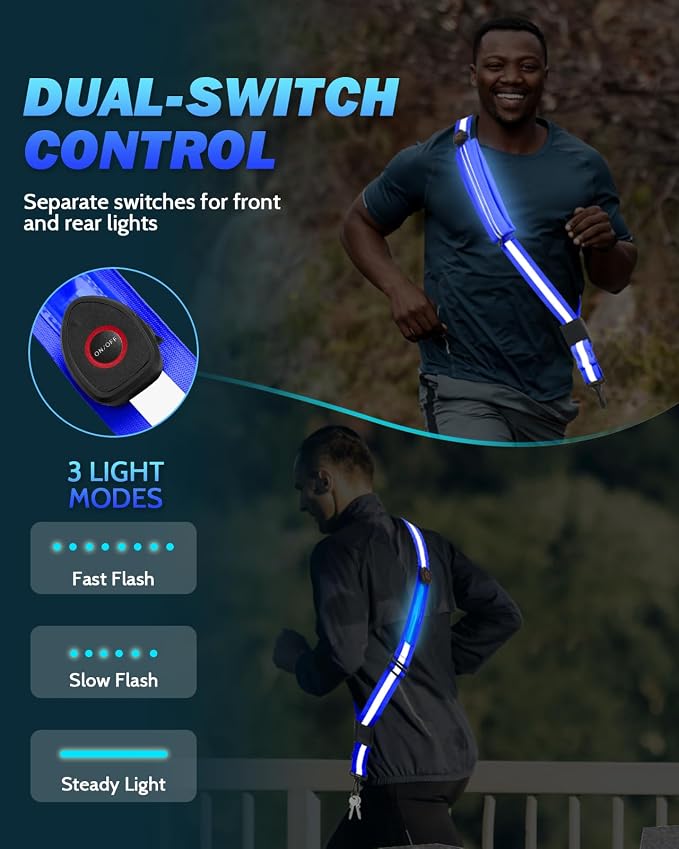 Fitense LED Reflective Belt Sash - 5 Lights Colors & 3 Light Modes High Visibility Night Safety Belt, Rechargeable Light Up Running Gear Adjustable Vest Straps for Runners Walkers Men Women
