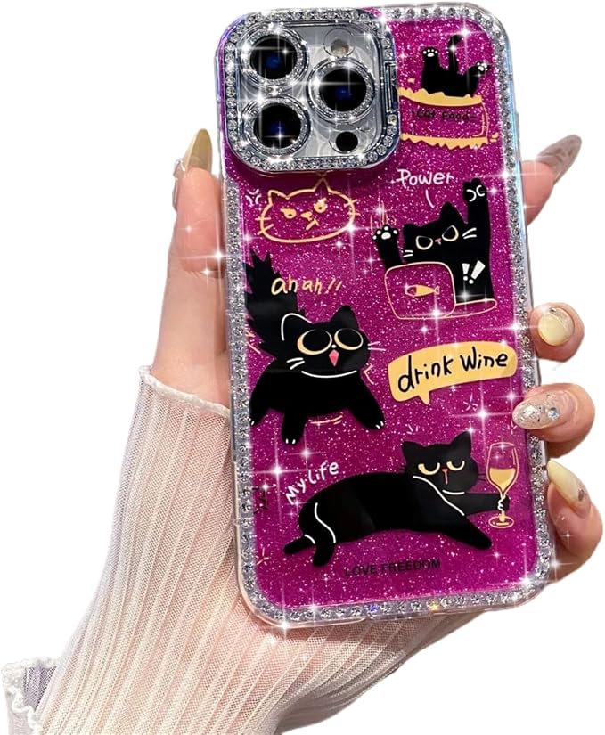 for iPhone 16 pro max Case Glitter Camera Lens Protector Phone Case for Women Girls Aesthetic Design TPU Shockproof Protective Case (Cat)
