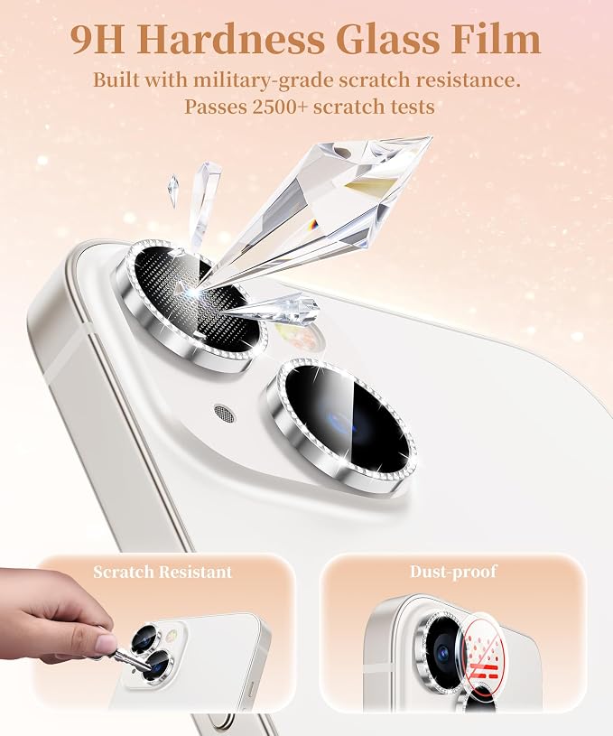 GolbinBox Camera Lens Protector for iPhone 13/13 Mini, 1:1 Invisible Fit, 9H Tempered Glass Ultra HD Metal Individual Camera Cover for Women, Case Friendly, Bling/Silver
