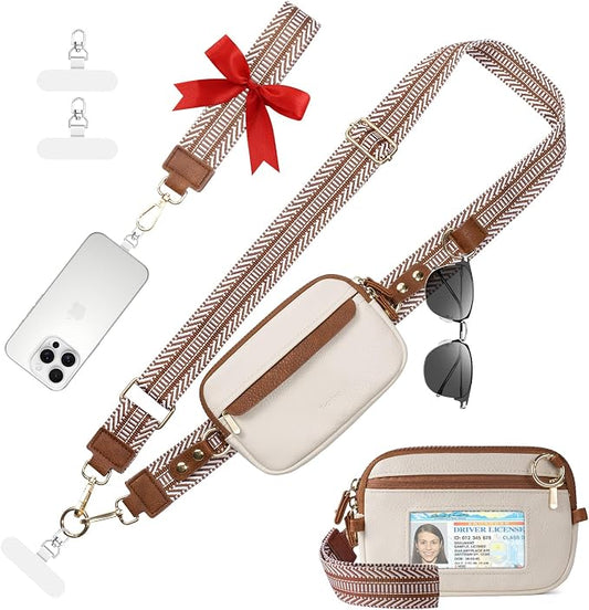Tiostep Clip and Go Strap for Phone with Wallet Crossbody Phone Lanyard Adjustable and Anti-Theft Leather Purse with RFID Zipper Pouch for Travel Daily Life. Medium White-Brown