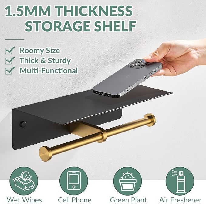 APLusee Double Toilet Paper Holder with Phone Shelf Black & Gold, 304 Stainless Steel Tissue Paper Roll Storage Dispenser, Wall Mounted