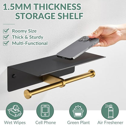 APLusee Double Toilet Paper Holder with Phone Shelf Black & Gold, 304 Stainless Steel Tissue Paper Roll Storage Dispenser, Wall Mounted