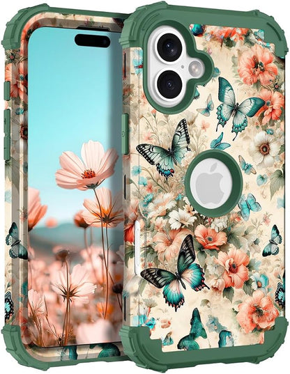 Hocase for iPhone 16 Plus Case 6.7", Heavy Duty Shockproof Protection Soft Silicone Rubber+Hard Plastic Bumpers Hybrid Protective Case for iPhone 16 Plus 2024 - Teal Green Butterflies