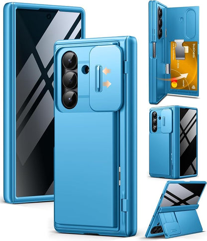 TONGATE Wallet for Z Fold 7 Case with Privacy Screen Protector, [4-Card Holder][Anti Spy] Built-in Large Stand & Slide Camera Cover Z7 Phone Case for Samsung Galaxy Z Fold 7 2025 8", Lake Blue