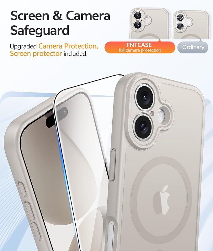 FNTCASE for iPhone 17 Case, Compatible with Magsafe, Glass Screen Protector | Full Camera Protection, Translucent Matte, 14FT Military Grade Drop Proof, Shockproof Protective Phone Cover, Off White