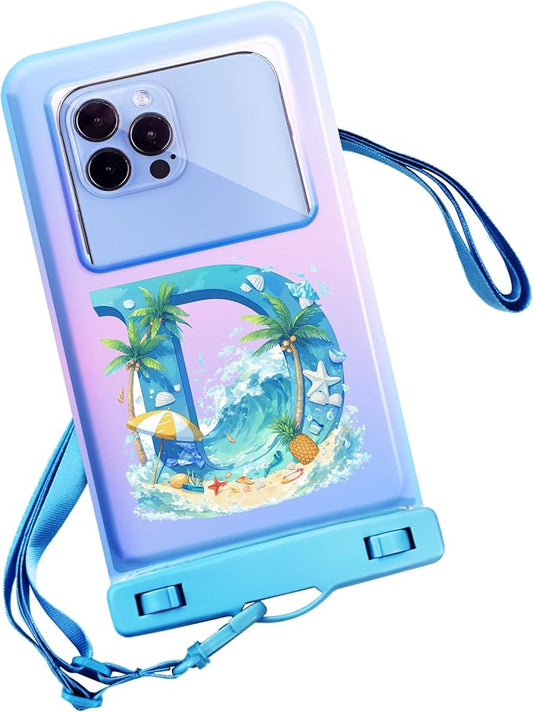 Personalized Initial Waterproof Phone Pouch Case - IPX8 Cellphone Dry Bag with Lanyard for iPhone 16/15/14/13/12 Pro Max (6.1–6.9"), Beach & Cruise Ship Essentials with Monogrammed Design (Blue, D)