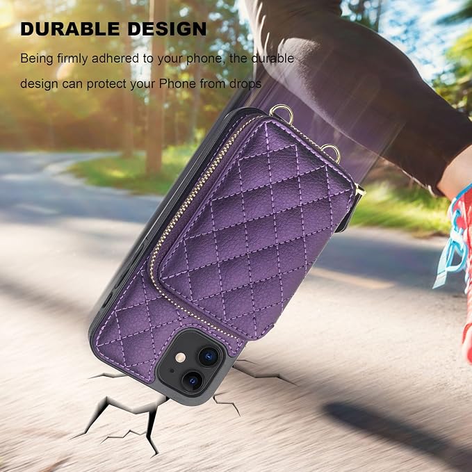 Bocasal Crossbody Wallet Case for iPhone 12/12 Pro, RFID Blocking PU Leather Zipper Handbag Purse Flip Cover, Kickstand Folio Case with Card Slots Holder Wrist Strap Lanyard 5G 6.1 Inch (Dark Purple)