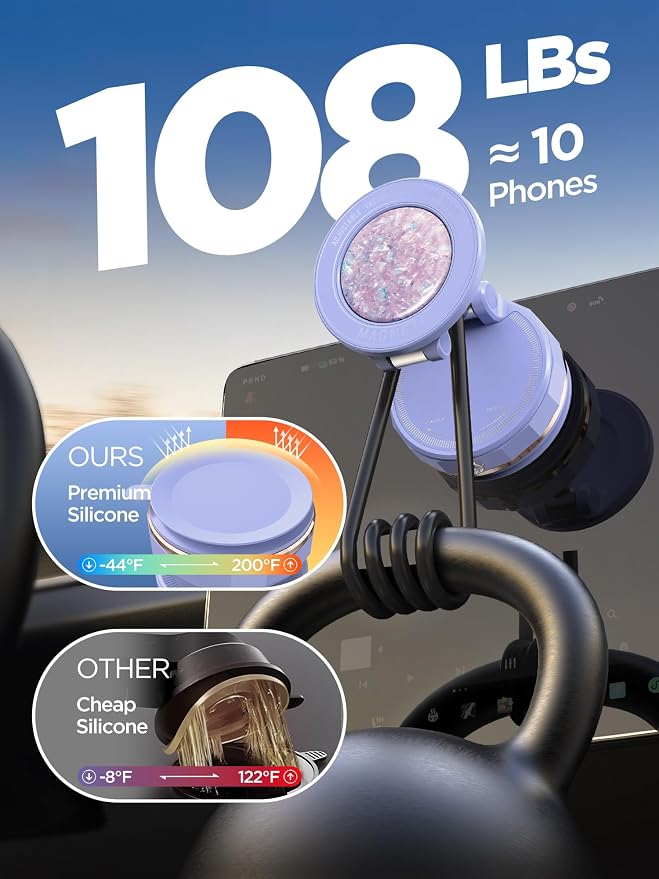 Upgraded Vacuum Magnetic Car Phone Holder for MagSafe[108+LBS Strongest Suction & 3000gf Strongest Magnetic],360° Adjustable Suction Cup Phone Mount for Car,Gym,Mirror,Men Women-Purple