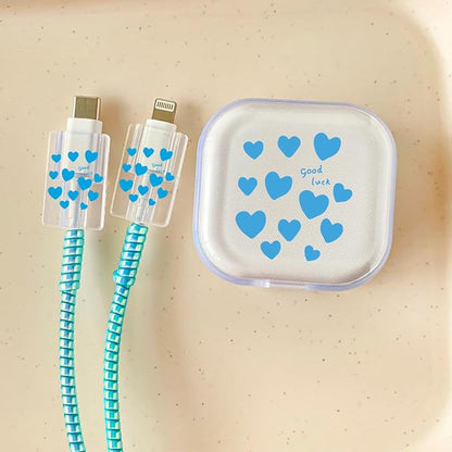 Charger Cover Protection Set, Compatible with Apple 40W Dynamic Power Adapter (with 60W Max), Lucky & Pretty Flexible TPU Charger Case + Laser Spiral Charging Cable Protector, Blue Heart(5in1)