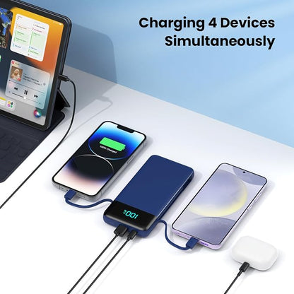 Portable Charger for iPhone,13800mAh Slim Power Bank with Built-in Cables & AC Wall Plug,All in One 4 Outputs USB C Fast Charging Battery Pack Travel Essential for iPhone 17/16/15/14,Android (Blue)