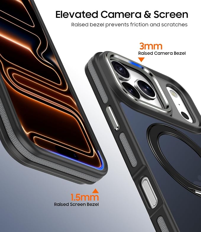 for iPhone 17 Pro Max Case with 360 Magnetic Ring Stand, Fit MagSafe, Military-Grade Shockproof Protection, Non-Slip Slim Translucent Protective Phone Cover, Black