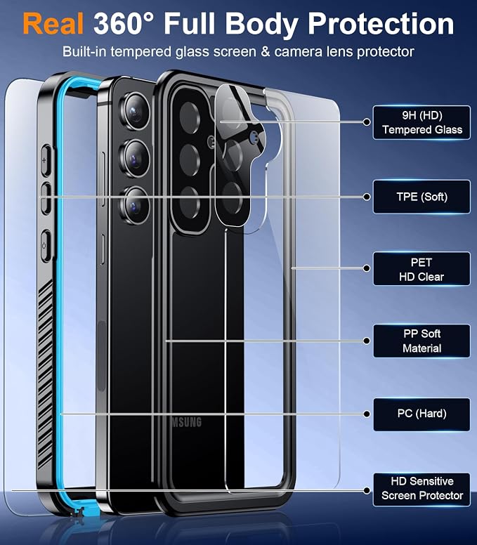 Temdan Designed for Samsung Galaxy S24 Case,Waterproof Built-in Lens & Screen Protector [Full Body Shockproof][Military Drop Proof][IP68 Underwater] Phone Case for Galaxy S24 5G-LightBlue (2024)