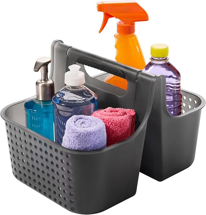 madesmart Portable Shower Caddy Tote with Soft Handle, Plastic Organizer for Soap, Shampoo & Bath Essentials, Carbon