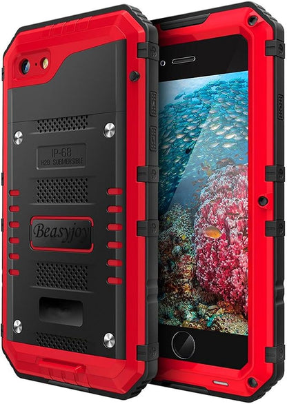 Beasyjoy for iPhone SE 2022/2020/ 8/7 Metal Case, Waterproof Heavy Duty Case with Screen Protector, Full Body Protection Military Grade Shockproof Defender Durable Sturdy Rugged Aluminum Case, Red