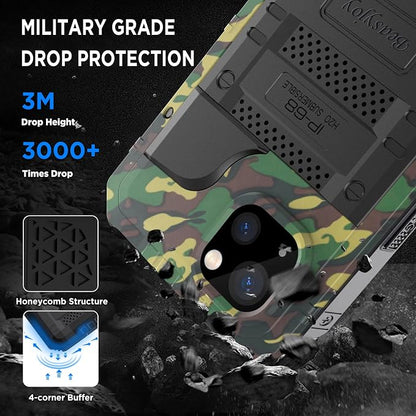 Beasyjoy for iPhone 14 Case Waterproof, Metal Heavy Duty Full Body Protective Case with Built-in Screen Protector, Military Grade Shockproof Dustproof Defender Rugged Cover 6.1 Inch, Camo
