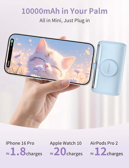 RORRY PalmGo Portable Charger Power Bank 10000mAh 3-in-1 Mini Battery Pack | Built-in USB-C Connector, 22.5W Fast Charging, for iPhone 17/16/15, Apple Watch, iPad, Travel Essential, Pocket Size