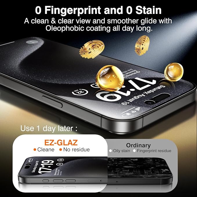 EZ-GLAZ- 4 Pack for iPhone 15 Pro Privacy Screen Protector [6.1"] With 2 Pack Camera Lens Protector, 9H+ Hardness 12FT Military Grade Shatterproof Scratch Resistant Durable Tempered Glass Film with Flawless Fit Kit