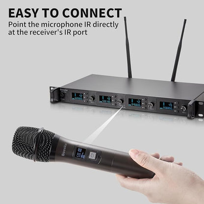 Wireless Microphone System, 4-Channel UHF Wireless Mic, Fixed Frequency Metal Cordless Mic with 4 Handheld Dynamic Microphones, 200ft Range, Mics for Singing, Church (4 Handheld)