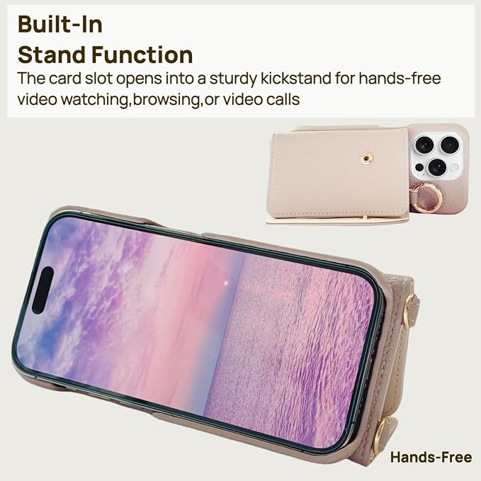 Leather Card Holder Case for iPhone 16 Pro with Ring Holder and Crossbody Strap, Beige
