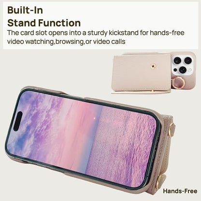 Leather Card Holder Case for iPhone 16 Pro with Ring Holder and Crossbody Strap, Beige