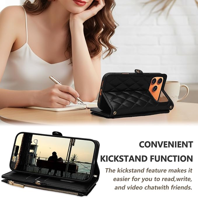 Rssviss Crossbody Wallet Case for iPhone 17 Pro Max 6.9", with Make Up Mirror, Wrist Strap, Zipper Purse Magnetic Flip, RFID Blocking Card Holder Kickstand, PU Leather Shockproof Women, Black