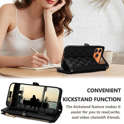 Rssviss Crossbody Wallet Case for iPhone 17 Pro Max 6.9", with Make Up Mirror, Wrist Strap, Zipper Purse Magnetic Flip, RFID Blocking Card Holder Kickstand, PU Leather Shockproof Women, Black