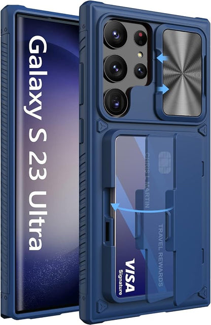 Vihibii for Samsung Galaxy S23 Ultra Case with Card Holder (4 Cards) & Sliding Camera Cover & Kickstand, Shockproof Rugged Hard Back & TPU Edge Wallet Case for Galaxy S23 Ultra 5G 6.8" 2023, Blue