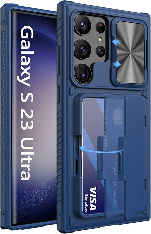 Vihibii for Samsung Galaxy S23 Ultra Case with Card Holder (4 Cards) & Sliding Camera Cover & Kickstand, Shockproof Rugged Hard Back & TPU Edge Wallet Case for Galaxy S23 Ultra 5G 6.8" 2023, Blue