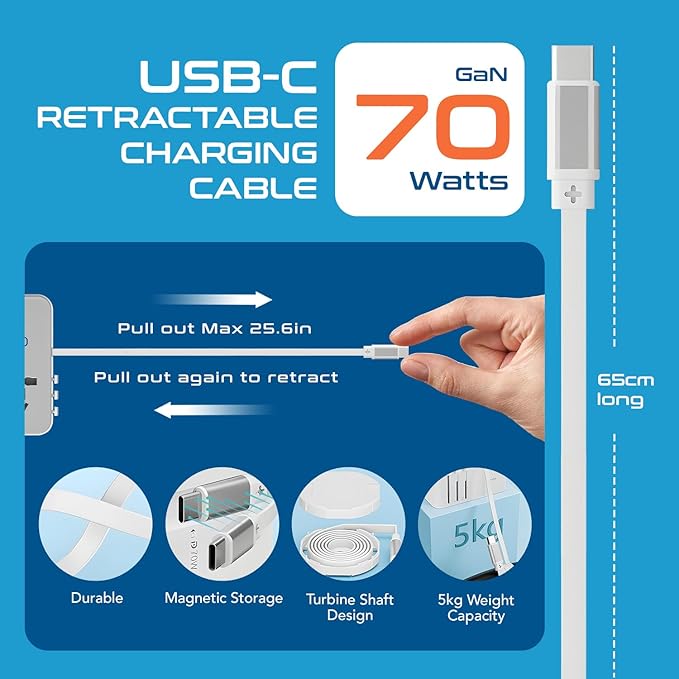 Ceptics 70W Universal Adapter, USB-C Cable, 3 USB Ports & Universal Socket | 5 in 1 Design, Universal Travel Adapter for USA, EU, UK, AU & more, Type A, C, G & I Plugs, 25.6" Retractable USB-C Cable