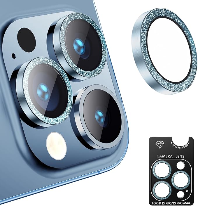 AFARER Camera Lens Protector for iPhone 13Pro/13 Pro Max, 9H Tempered Glass,Ultra-tough HD Individual,Anti - Scratch [Not Easy to Break][Strong Adsorption][Case-Friendly] Diamond - Glitter (Glitter-Blue)