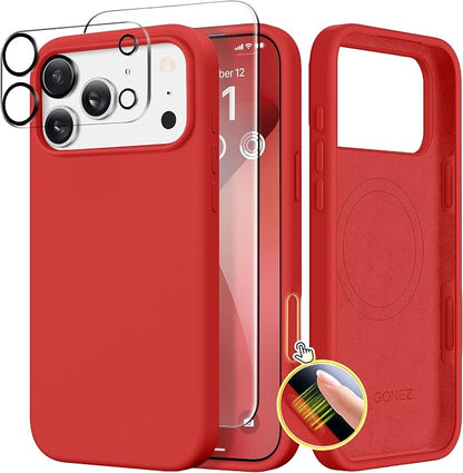GONEZ Magnetic for iPhone 17 Pro Max Case, Compatible with MagSafe, [Screen Protector + Camera Lens Protector], Liquid Silicone Anti-Scratch Shockproof Protective Phone Case 6.9 inch, Red