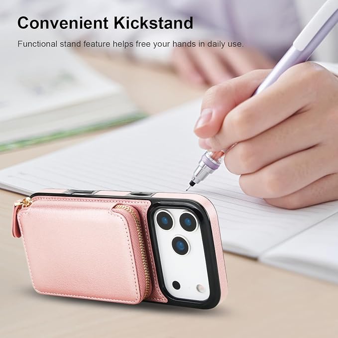 Bocasal Crossbody Wallet Case for iPhone 17 Pro Max, RFID Blocking Leather Purse Case with Card Holder, Protective Handbag Flip Cover with Zipper Wrist Strap Lanyard for Women 5G 6.9 Inch (Rose Gold)