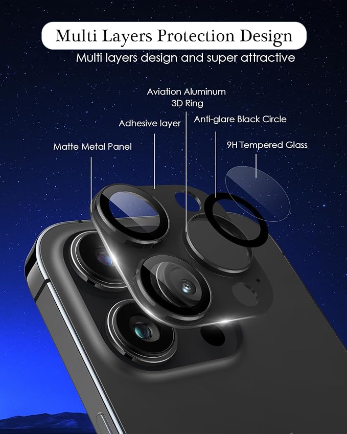 Compatible for iPhone 15 Pro/iPhone 15 Pro Max Camera Lens Protector 3D Metal Tempered Glass Screen Anti-Explosion Camera Cover for iPhone 15 Pro Max/ 15 Pro Black