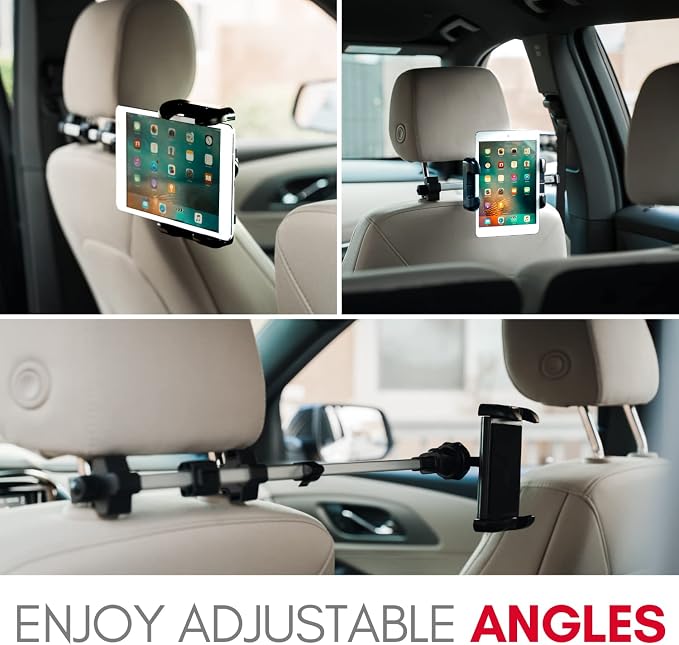 Macally Tablet Holder for Car Headrest - Adjustable iPad Headrest Mount for Car - Super Secure Car iPad Holder Backseat Kids - Fits All 4.7-12.9" Back Seat Devices (iPad Pro/Air/Mini, Nintendo Switch)
