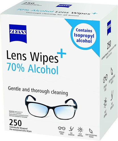 ZEISS Pre-Moistened Lens Cleaning Wipes with 70% Alcohol, 250 Count