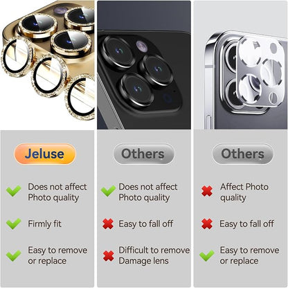 Jeluse Camera Lens Protector for iPhone 17 Pro Max/17 Pro/16 Pro Max/16 Pro/15 Pro Max/15 Pro/14 Pro Max/14 Pro, 9H Tempered Glass Screen Protector Cover Alignment Kit Metal Individual Ring