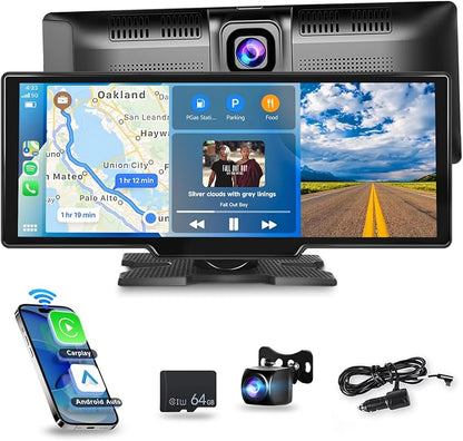 [2.5K Front Camera+64G TF Card] Wireless Carplay/Android Auto Portable Car Radio with 9.3" HD Touchscreen Dash Cam, Front/Rear View Camera Stereo Receiver Bluetooth FM Transmitter AUX