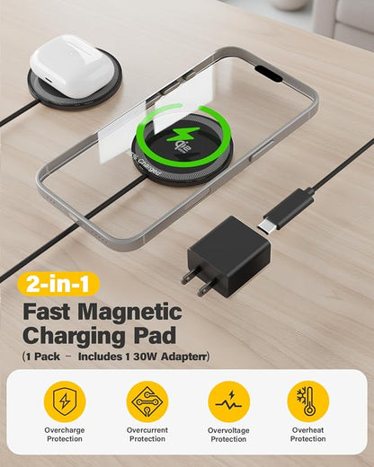 25W Magnetic Wireless Charger, 10FT Fast Charging Pad Qi2.2 Wireless Charge for iPhone 17 16 /AirPods3/2/Pro/for Galaxy S26 Ultra/Pixel 10 Series, Portable Charger for Desk& Travel(1Pack,Black)