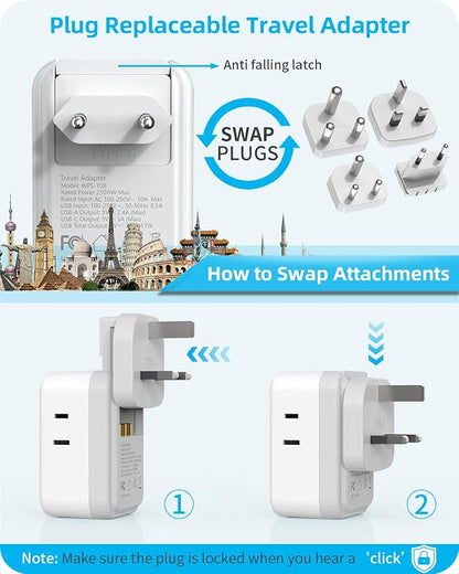 PAEWOK Travel Adapter Set, European Plug Adapter, Universal Travel Adapter | US to UK/EU/South Africa/India, Type G/C/M/D Detachable Plug, 4 AC Outlets 4 USB Ports (2 USB C)